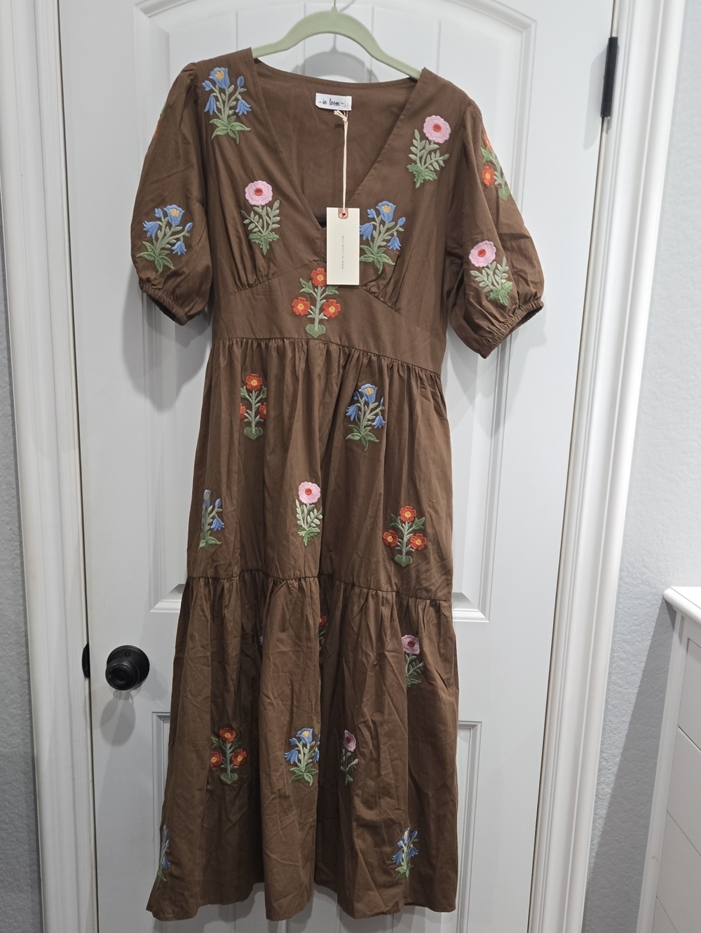 In Loom Brown Floral-Embroidered V-Neck Tiered Midi Dress